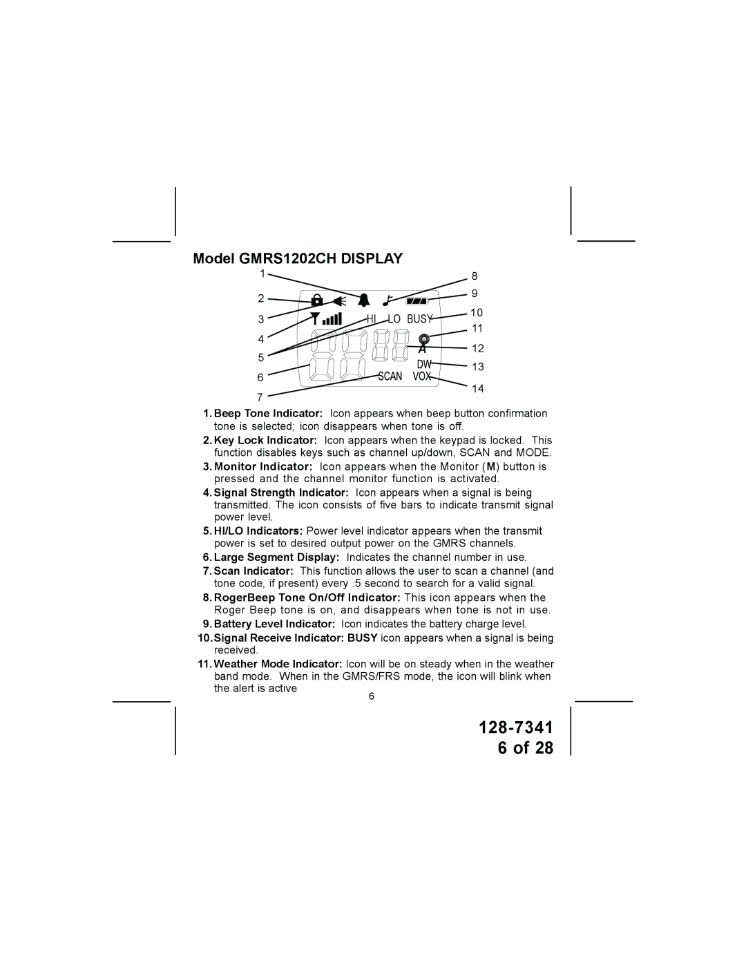 Audiovox owner manual Model GMRS1202CH Display 