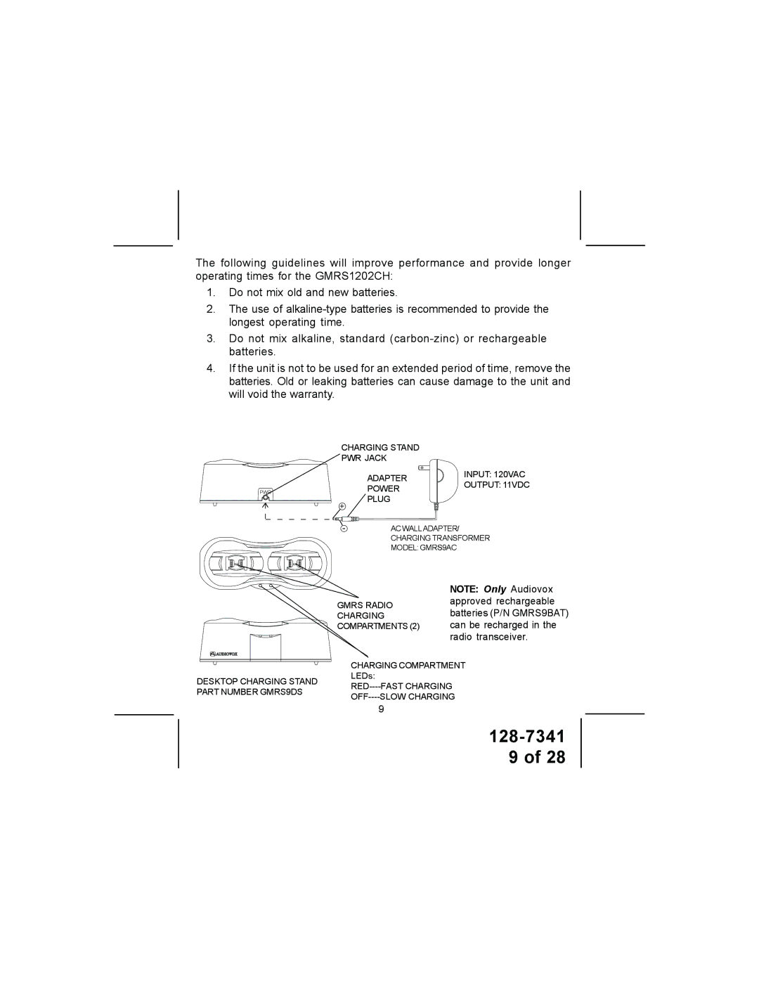 Audiovox GMRS1202CH owner manual Charging Stand PWR Jack Adapter Input 120VAC 