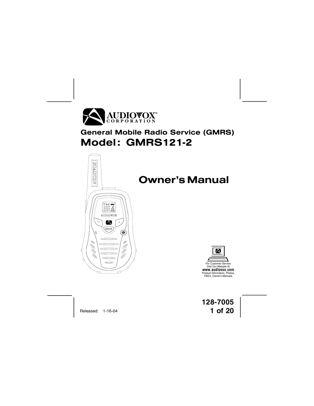 Audiovox owner manual Model GMRS121-2 