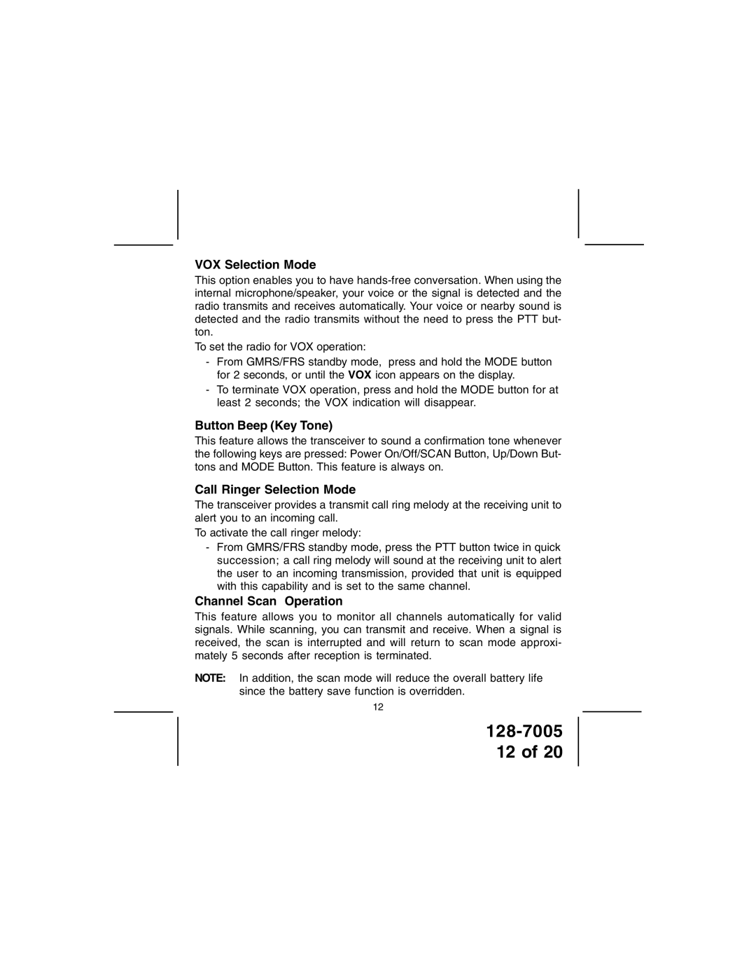 Audiovox GMRS121-2 VOX Selection Mode, Button Beep Key Tone, Call Ringer Selection Mode, Channel Scan Operation 