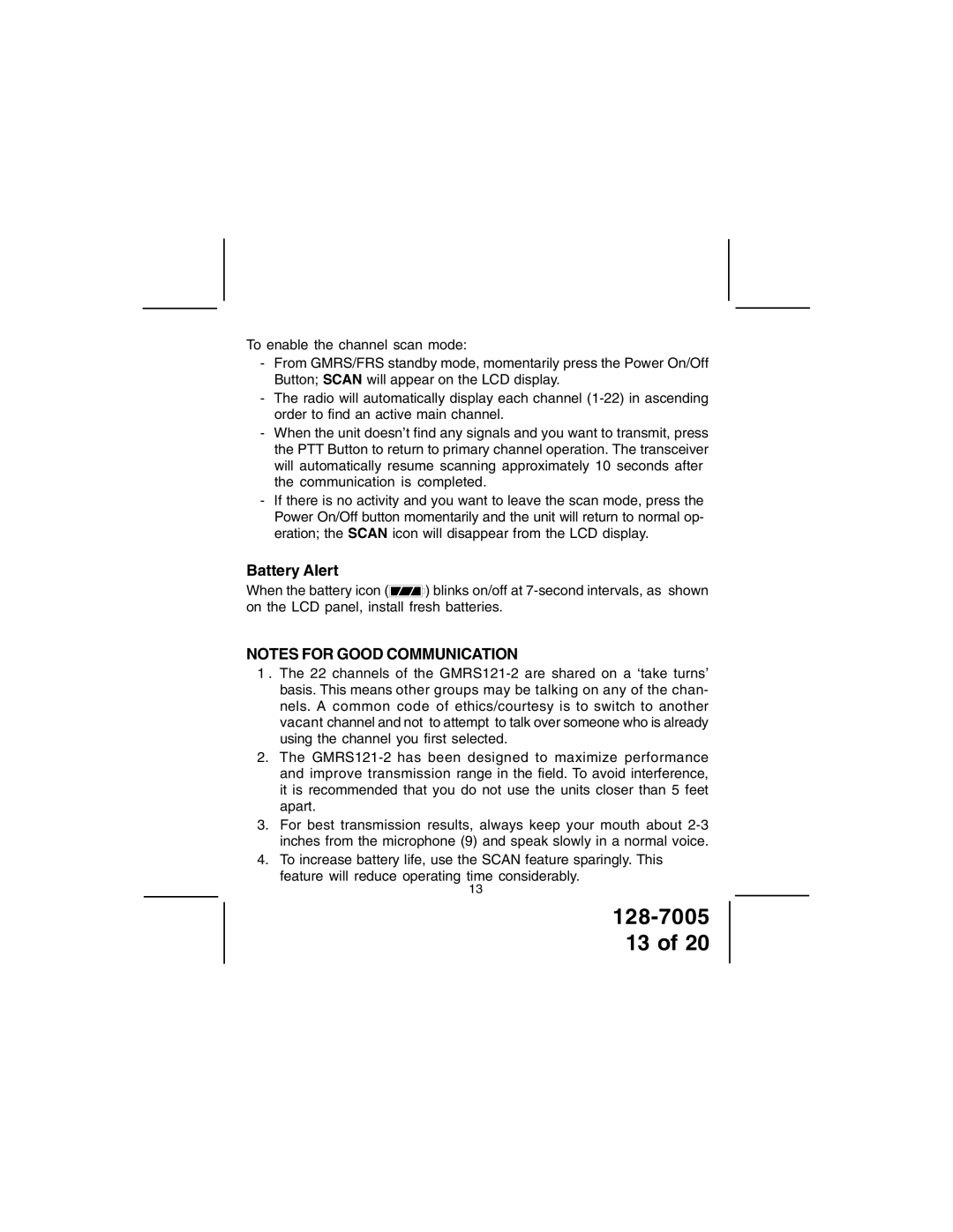 Audiovox GMRS121-2 owner manual Battery Alert 