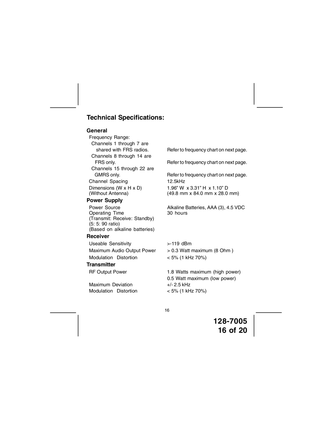 Audiovox GMRS121-2 owner manual Technical Specifications, General, Power Supply, Receiver, Transmitter 