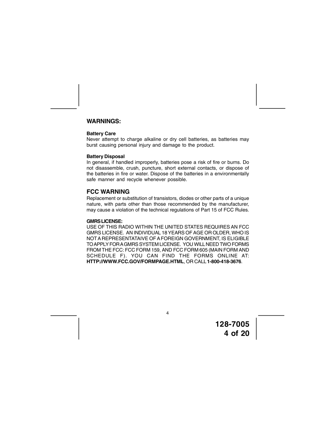 Audiovox GMRS121-2 owner manual Battery Care, Battery Disposal 