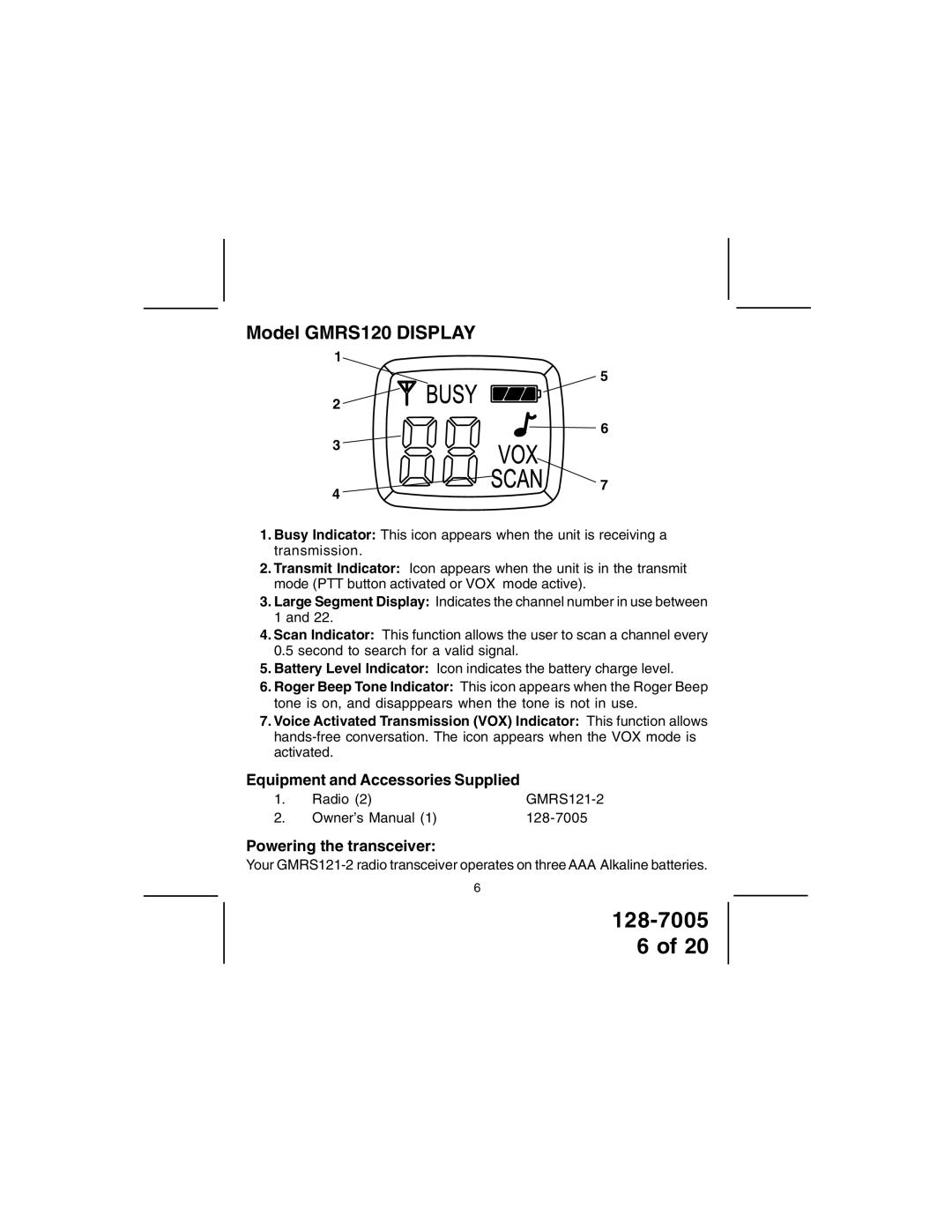 Audiovox GMRS121-2 owner manual Model GMRS120 Display, Equipment and Accessories Supplied, Powering the transceiver 