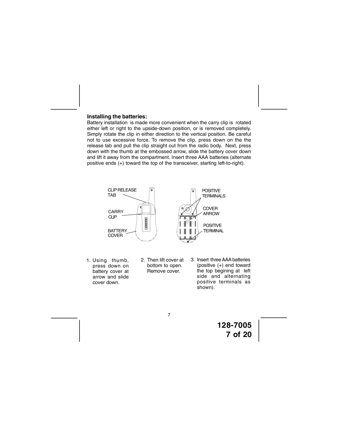 Audiovox GMRS121-2 owner manual Installing the batteries 