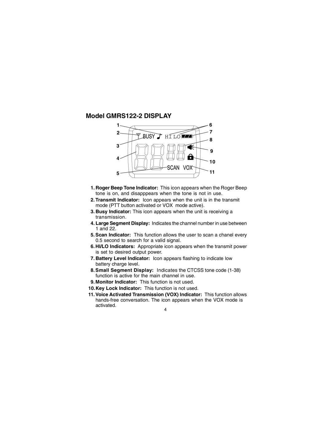 Audiovox manual Model GMRS122-2 Display, Hi Lo 