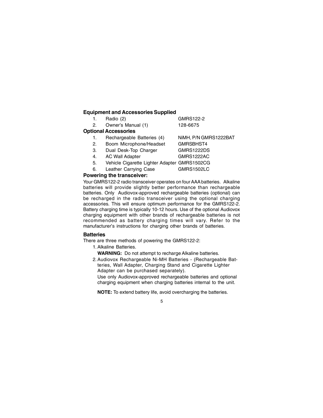 Audiovox GMRS122-2 manual Equipment and Accessories Supplied, Optional Accessories, Powering the transceiver, Batteries 
