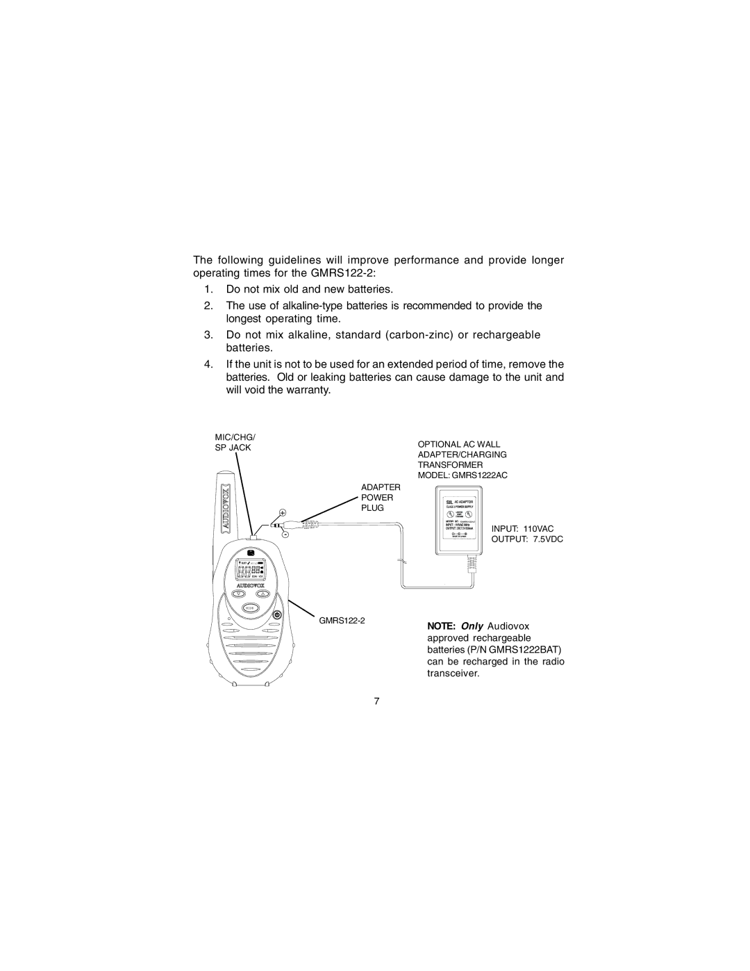 Audiovox GMRS122-2 manual MIC/CHG SP Jack Adapter Power Plug 