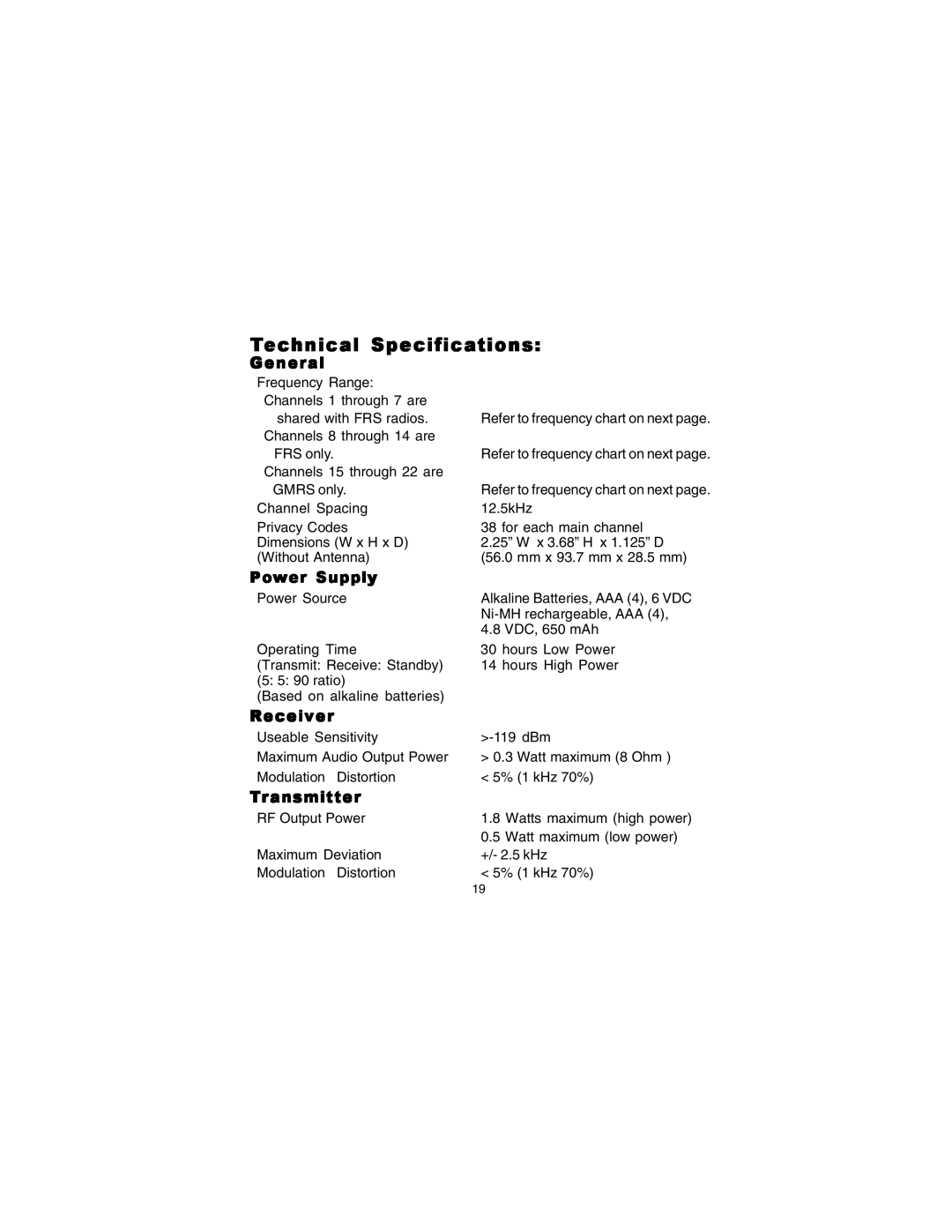 Audiovox GMRS1222CH manual Technical Specifications 