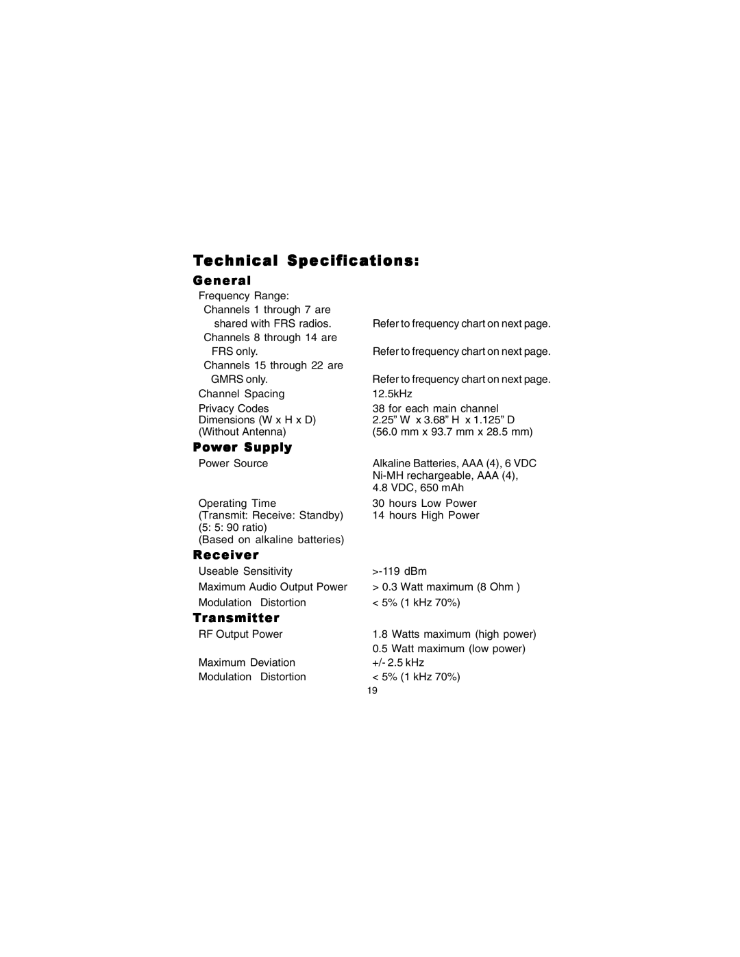 Audiovox GMRS122CH manual Technical Specifications 