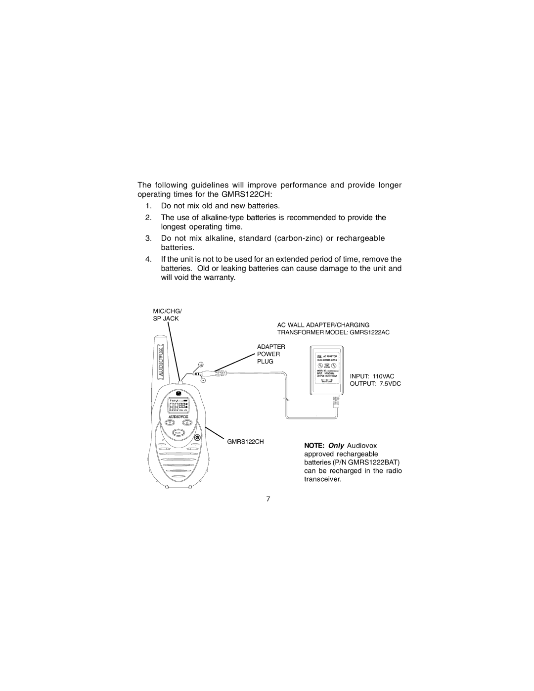 Audiovox GMRS122CH manual Input 110VAC Output 7.5VDC 