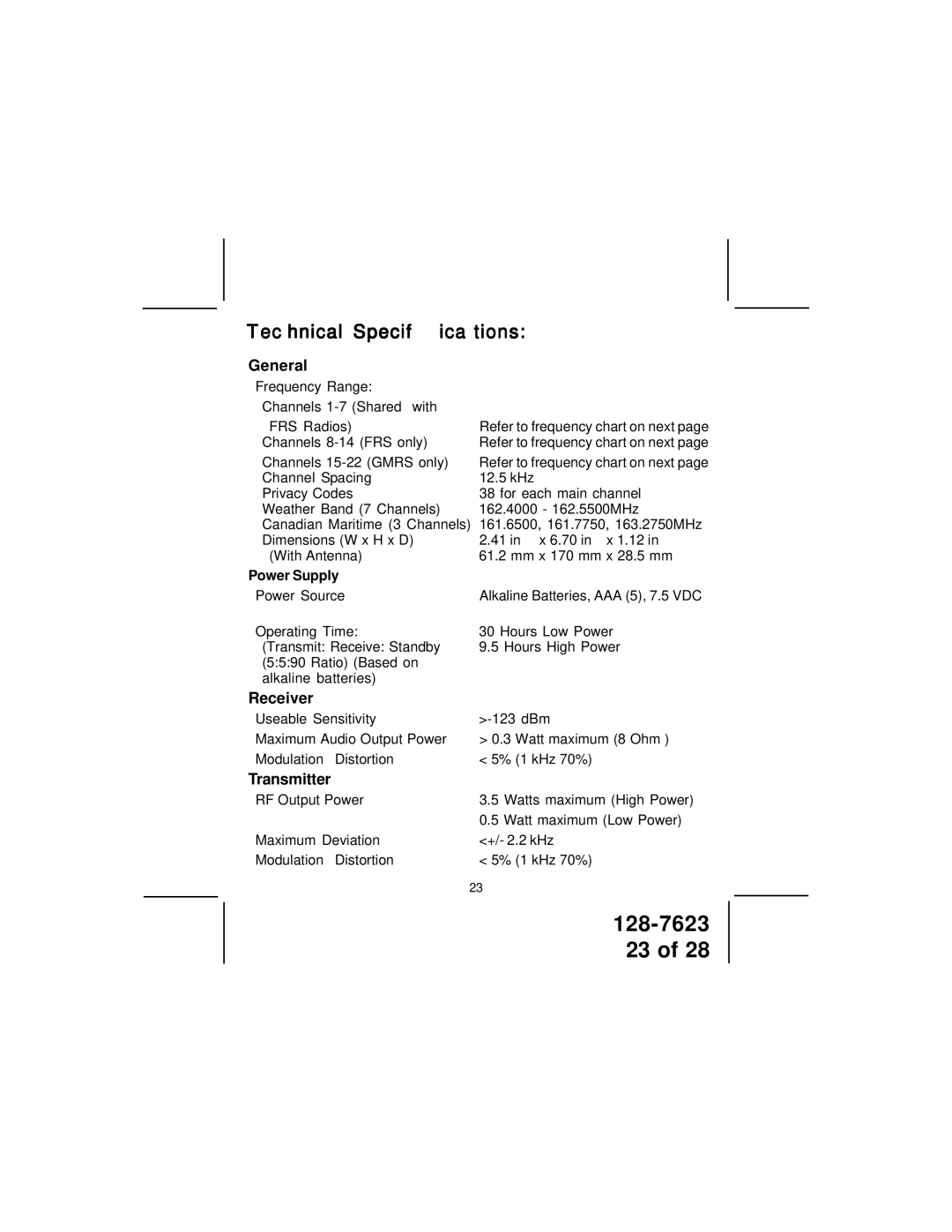 Audiovox GMRS1262 owner manual General, Receiver, Transmitter, Power Supply 