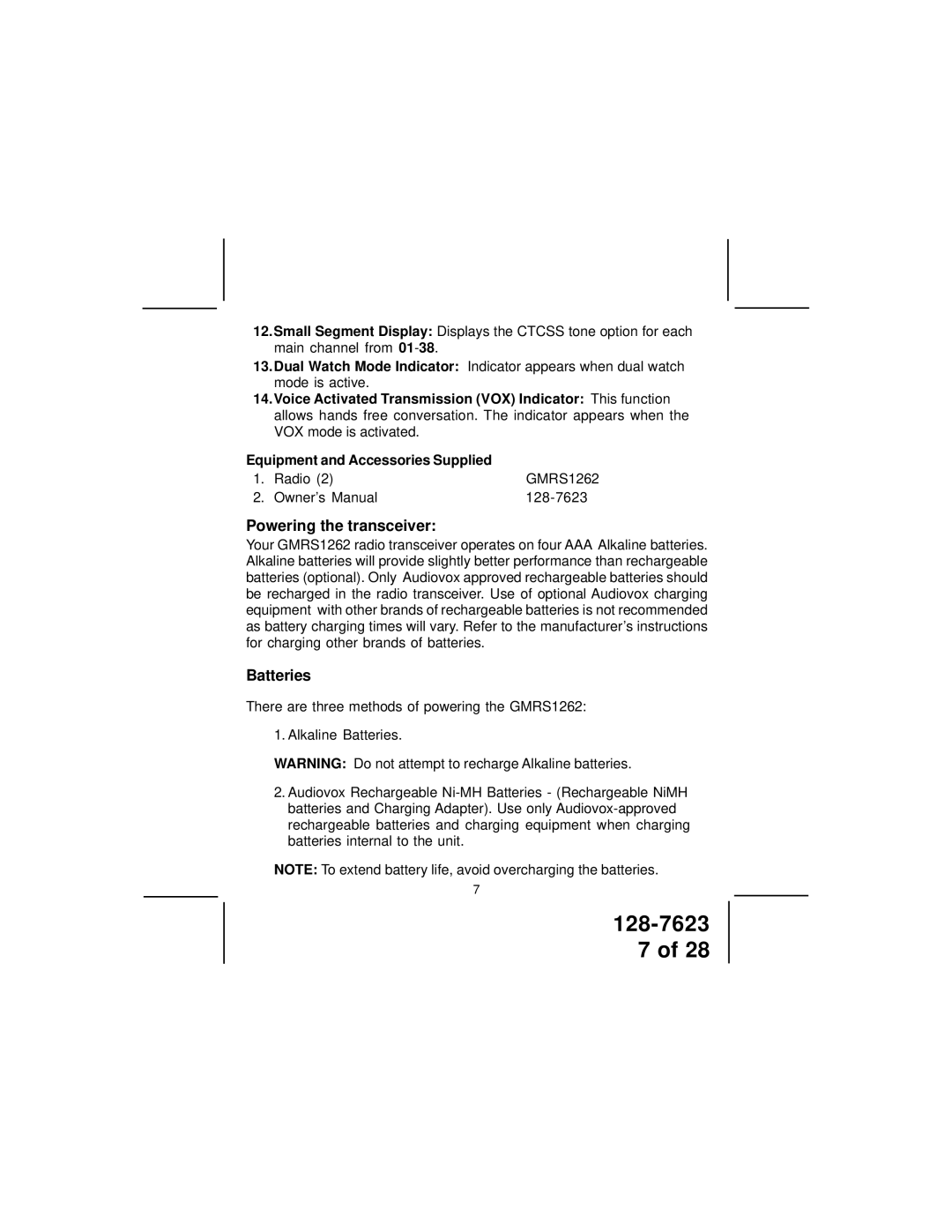 Audiovox GMRS1262 owner manual Powering the transceiver, Batteries 