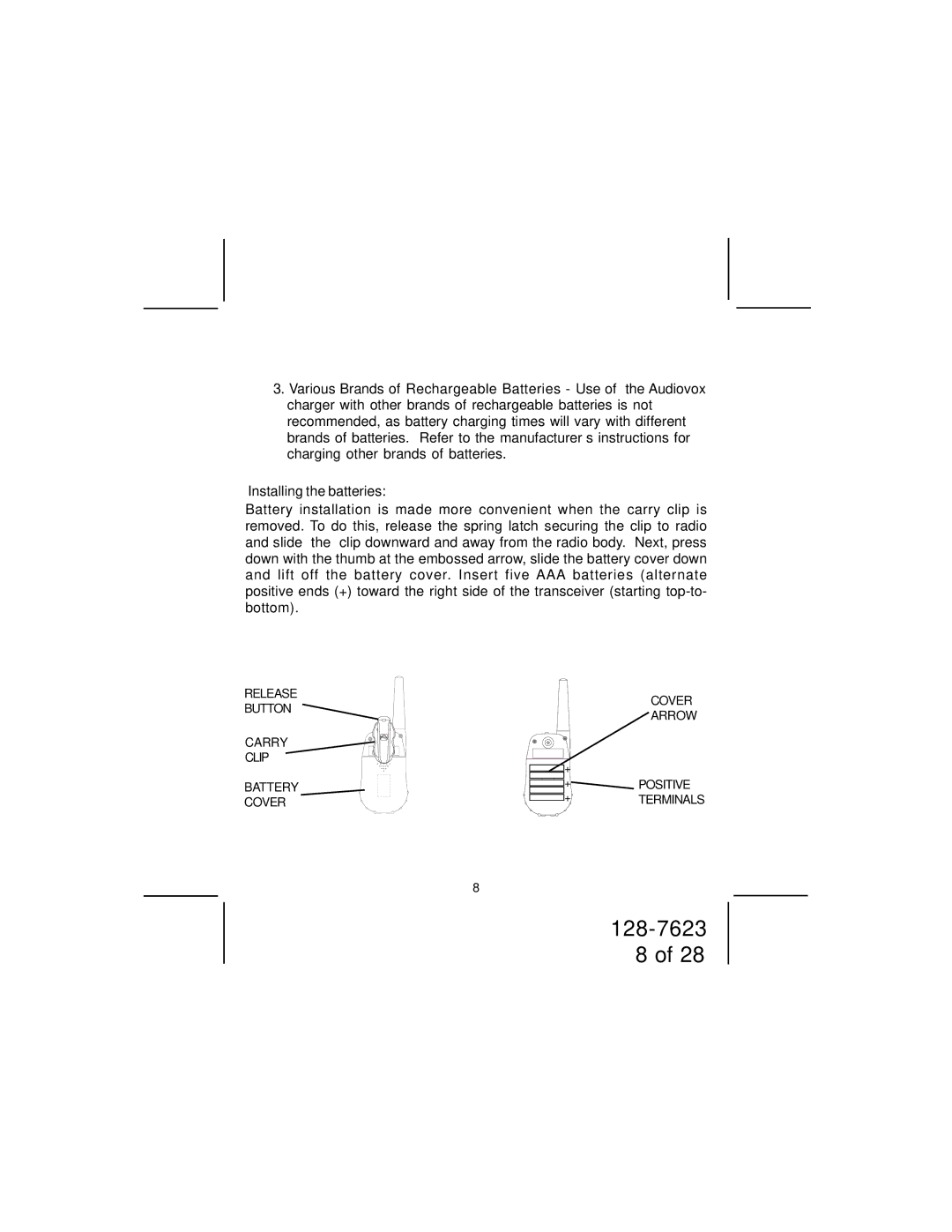 Audiovox GMRS1262 owner manual Installing the batteries 