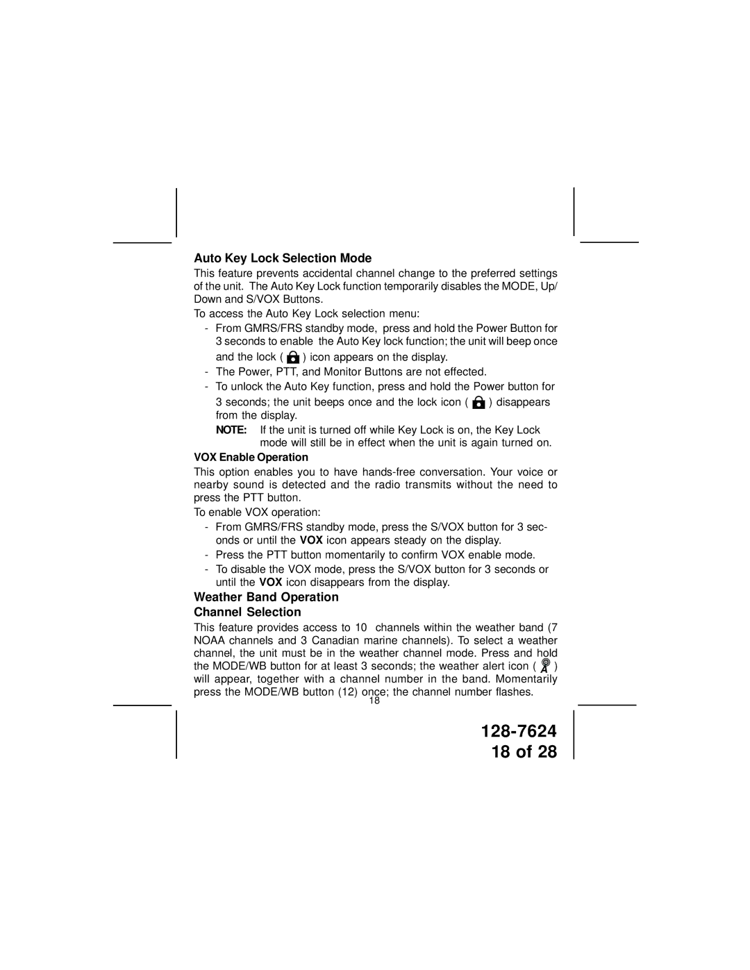 Audiovox GMRS1262CH Auto Key Lock Selection Mode, Weather Band Operation Channel Selection, VOX Enable Operation 