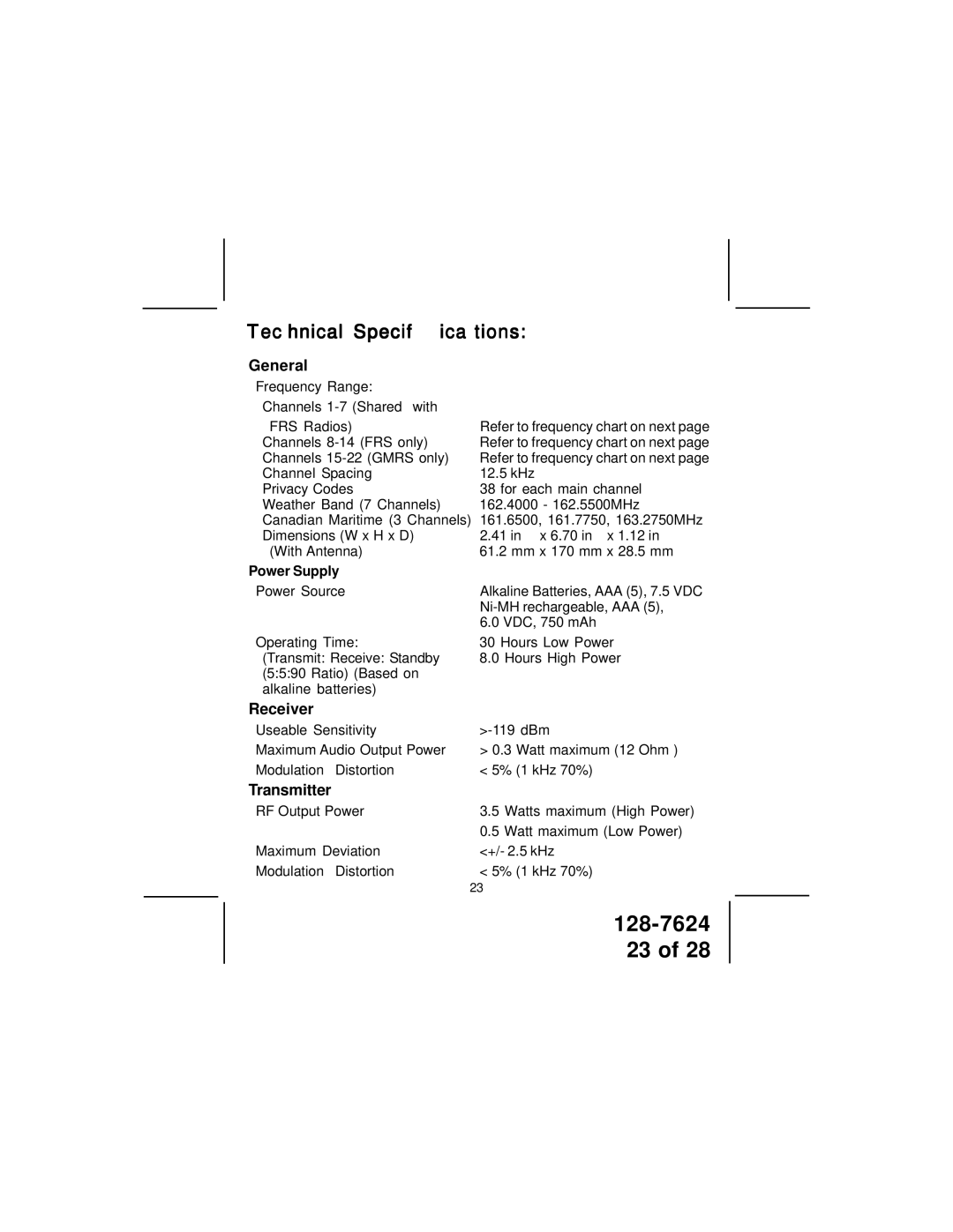 Audiovox GMRS1262CH owner manual General, Receiver, Transmitter, Power Supply 