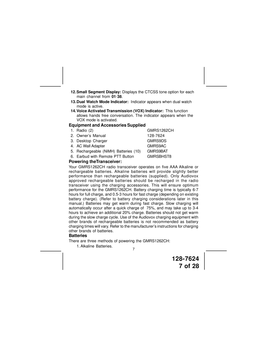 Audiovox GMRS1262CH owner manual Equipment and Accessories Supplied, Powering theTransceiver, Batteries 