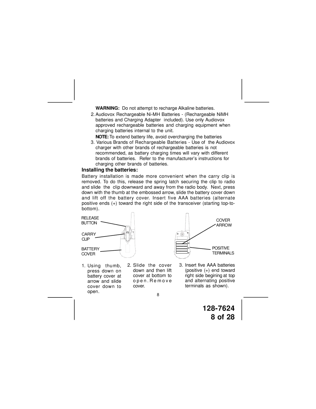 Audiovox GMRS1262CH owner manual Installing the batteries 