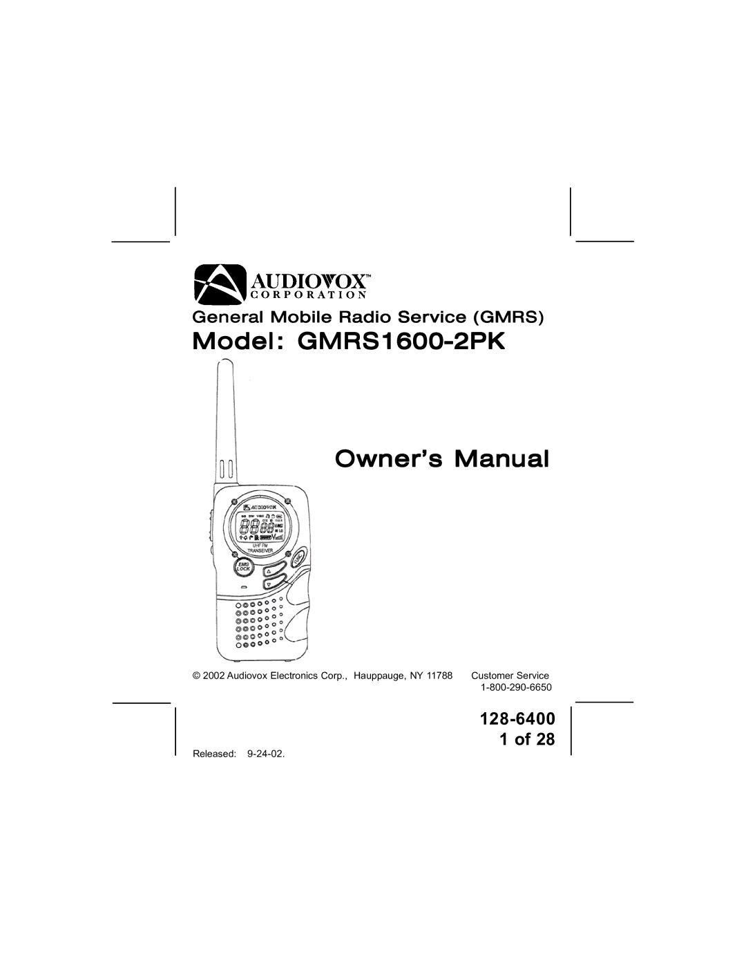 Audiovox manual Model GMRS1600-2PK 