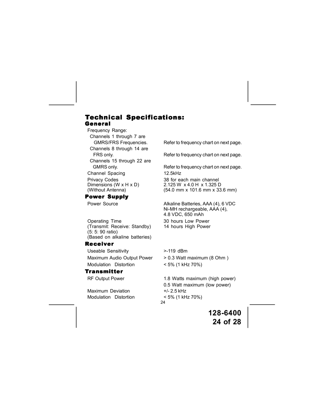 Audiovox GMRS1600-2PK manual Technical Specifications, General, Power Supply, Receiver, Transmitter 