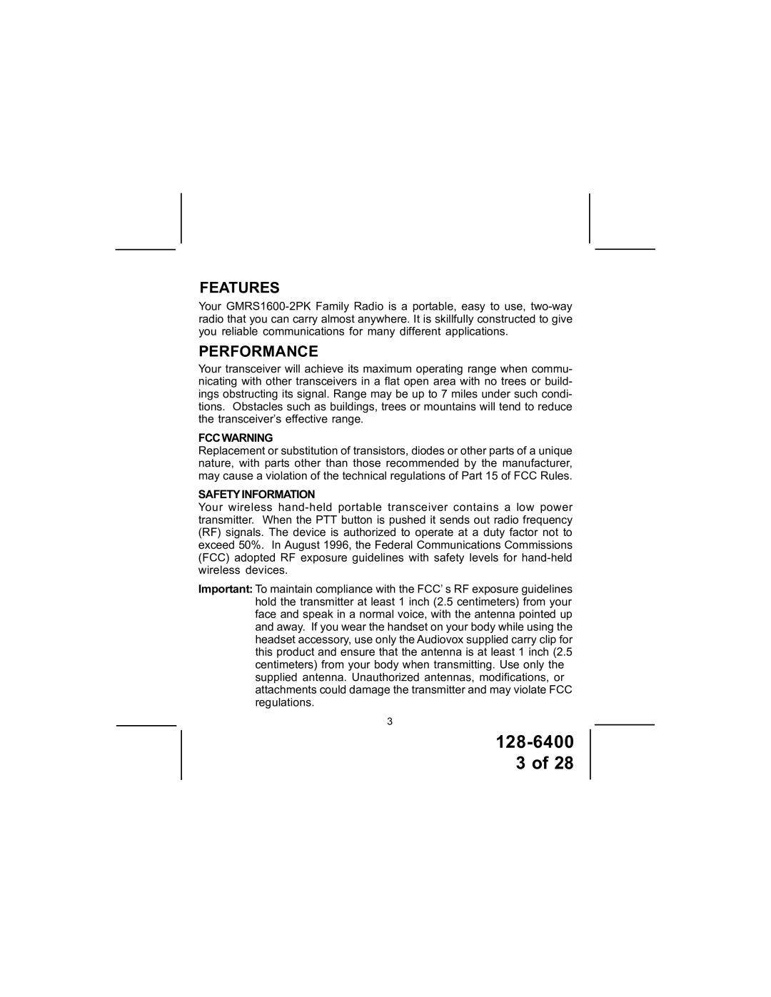 Audiovox GMRS1600-2PK manual Features 