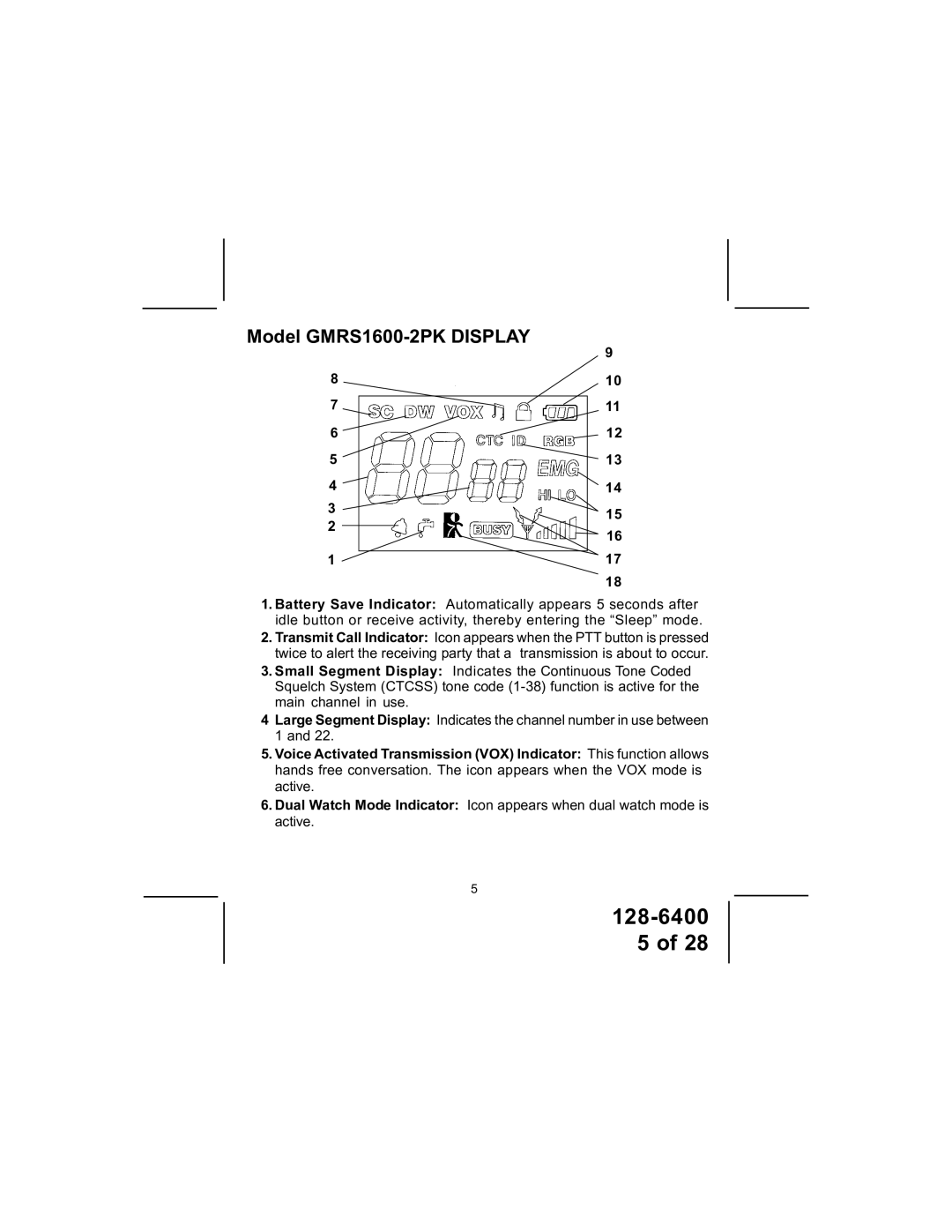 Audiovox manual Model GMRS1600-2PK Display 