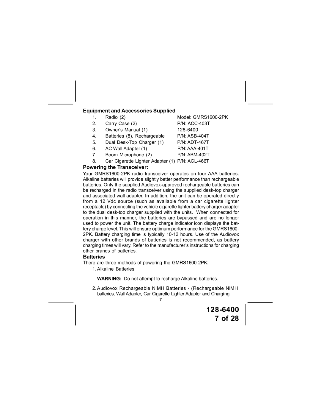 Audiovox GMRS1600-2PK manual Equipment and Accessories Supplied, Powering the Transceiver, Batteries 