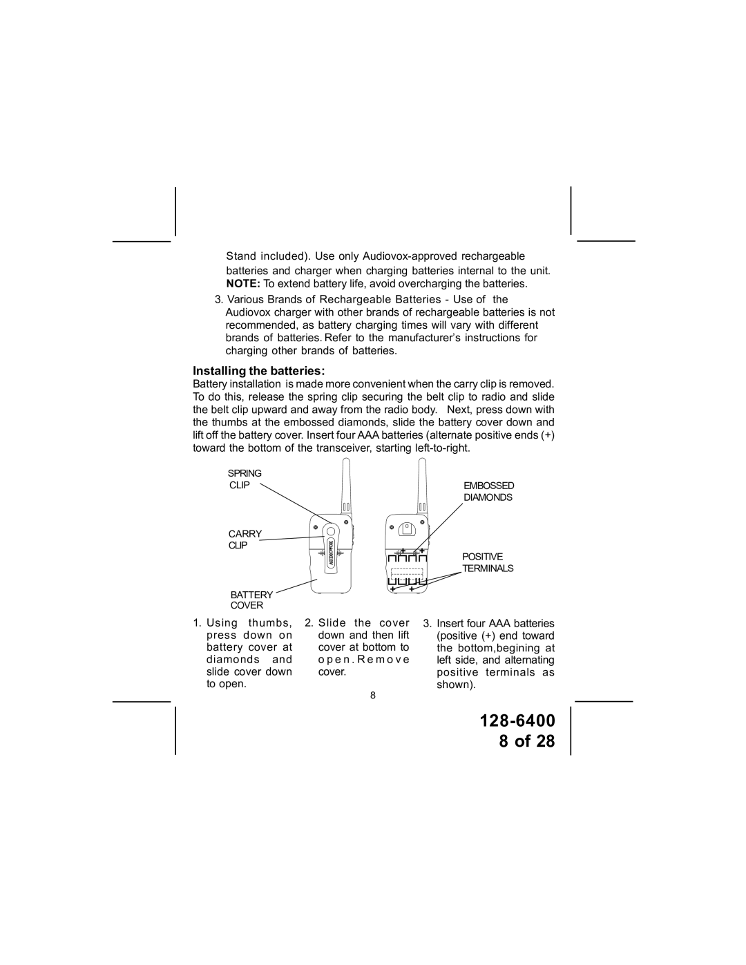 Audiovox GMRS1600-2PK manual Installing the batteries 