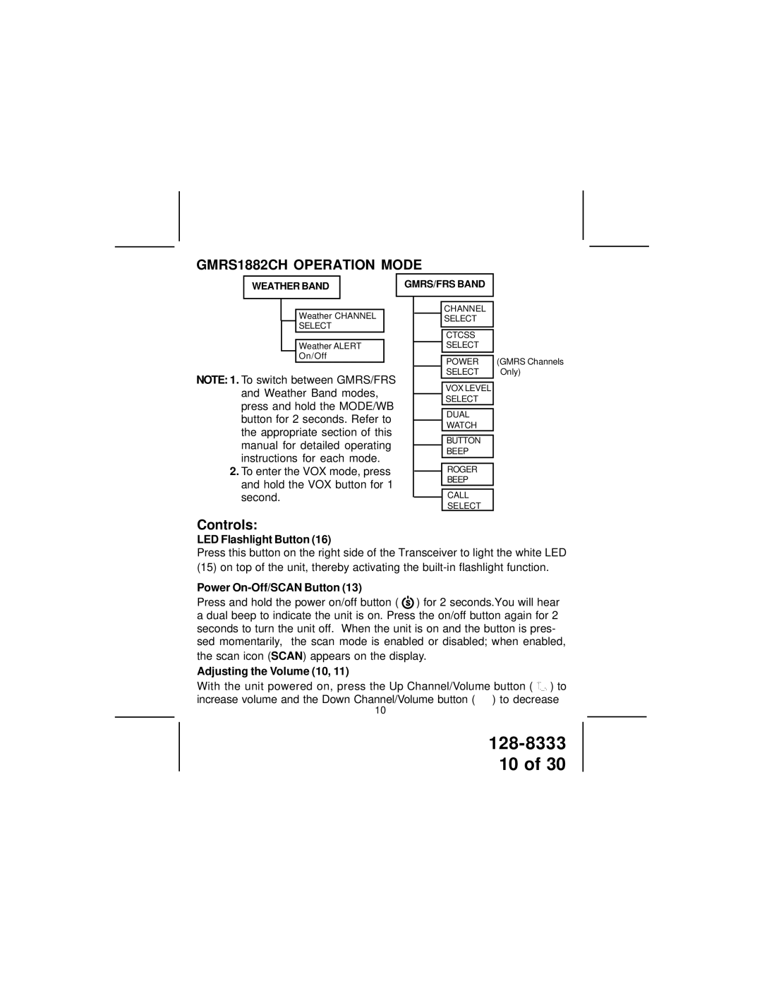 Audiovox GMRS1882CH manual LED Flashlight Button, Power On-Off/SCAN Button, Adjusting the Volume 10 