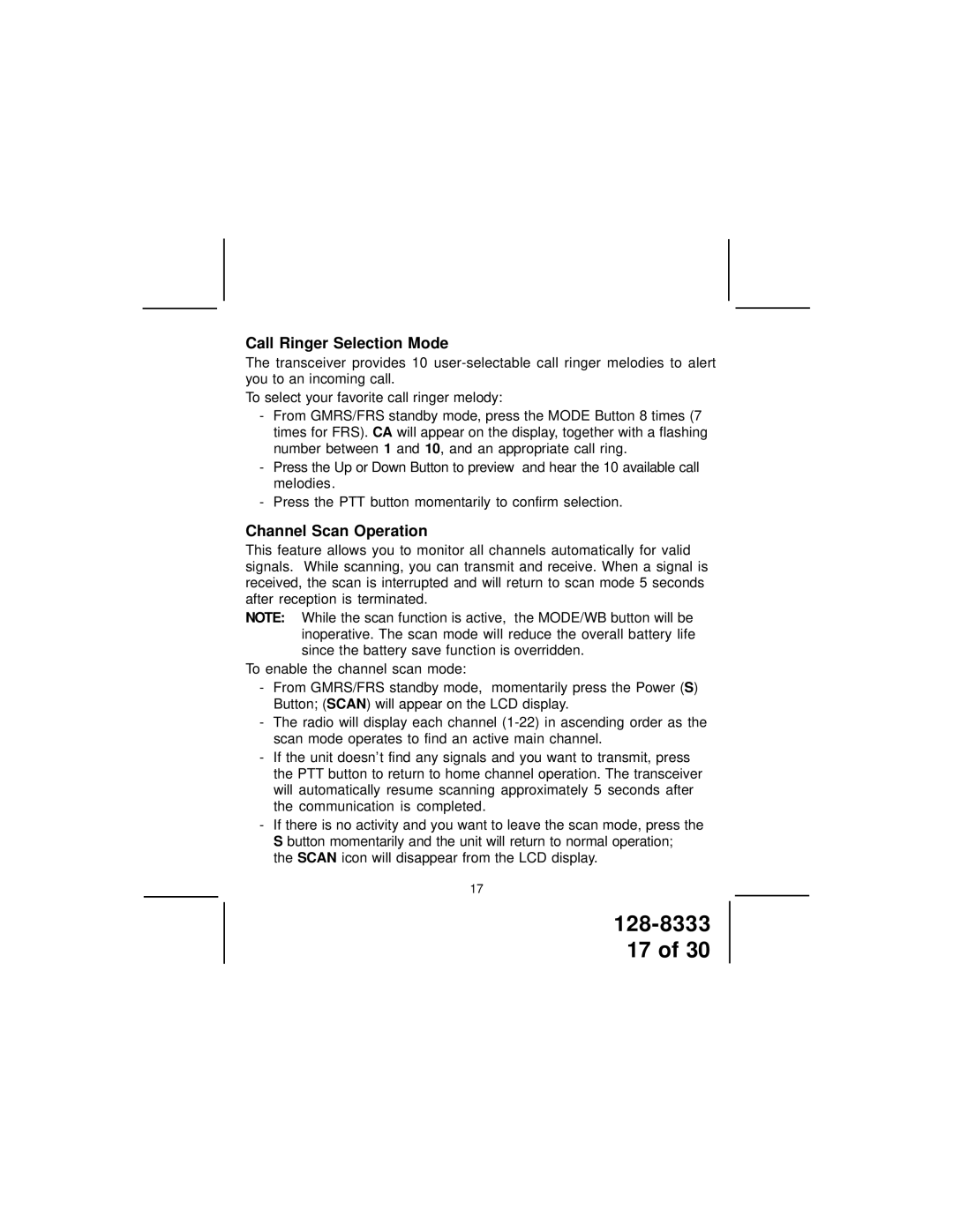 Audiovox GMRS1882CH manual Call Ringer Selection Mode, Channel Scan Operation 