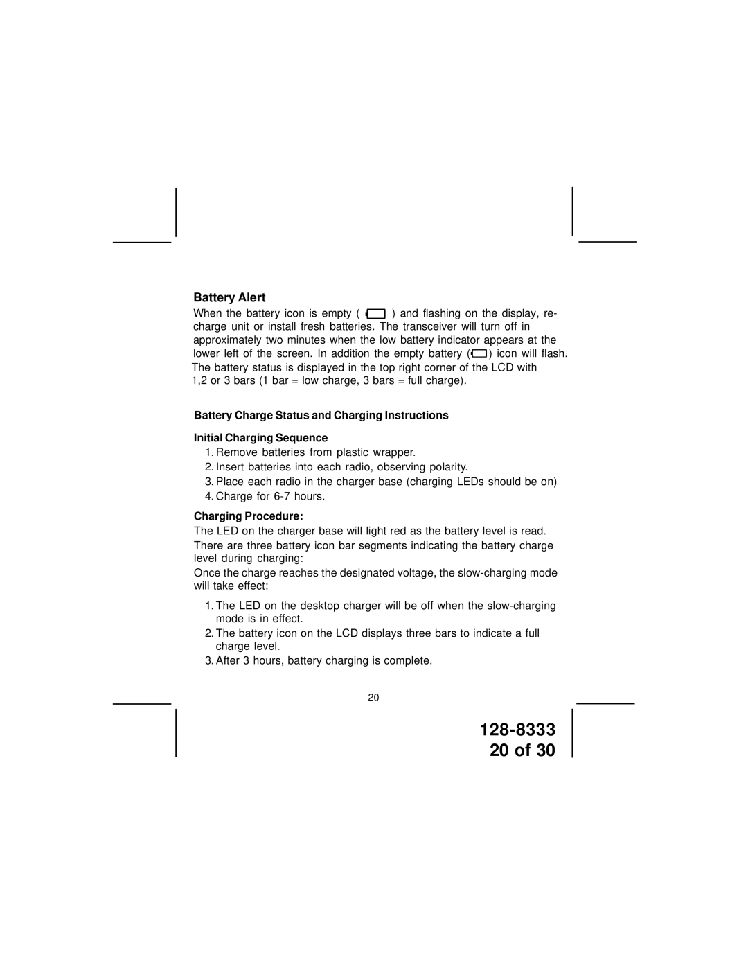 Audiovox GMRS1882CH manual Battery Alert, Charging Procedure 