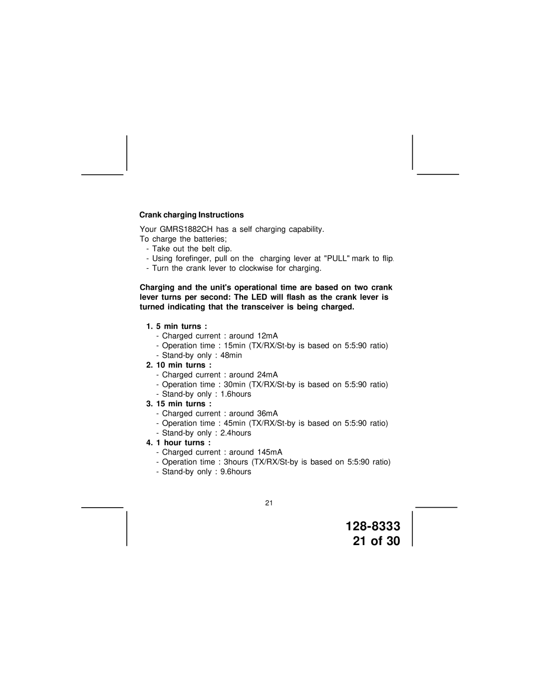 Audiovox GMRS1882CH manual Crank charging Instructions, Hour turns 