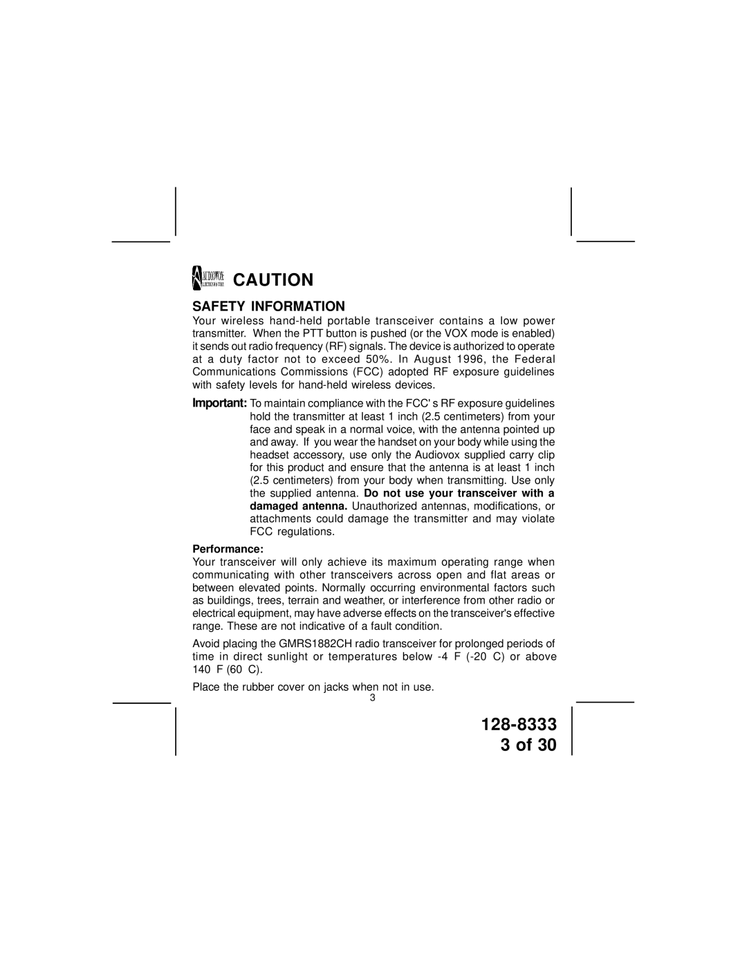 Audiovox GMRS1882CH manual Safety Information, Performance 