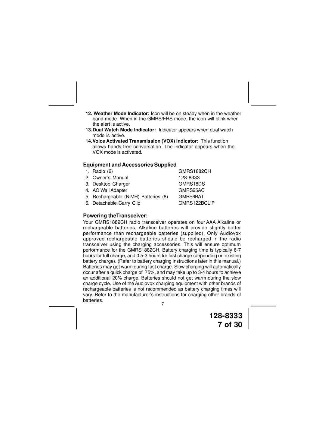 Audiovox GMRS1882CH manual Equipment and Accessories Supplied, Powering theTransceiver 