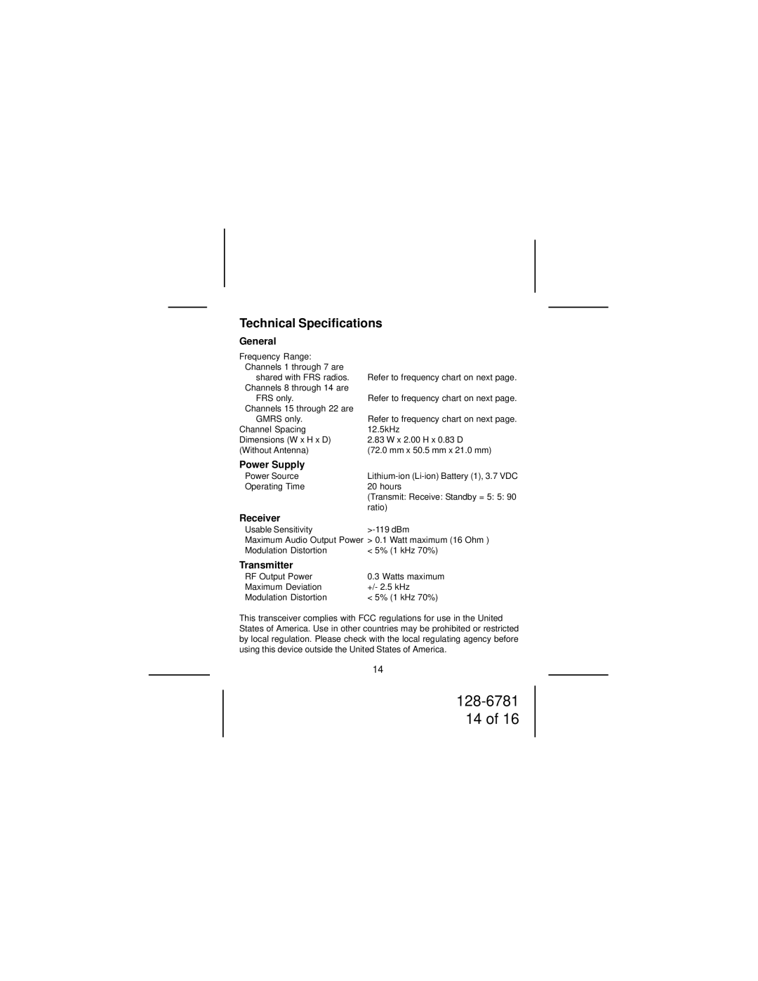 Audiovox GMRS200W owner manual Technical Specifications, General, Power Supply, Receiver, Transmitter 