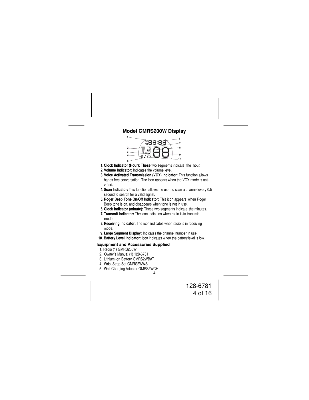 Audiovox owner manual Model GMRS200W Display, Equipment and Accessories Supplied 