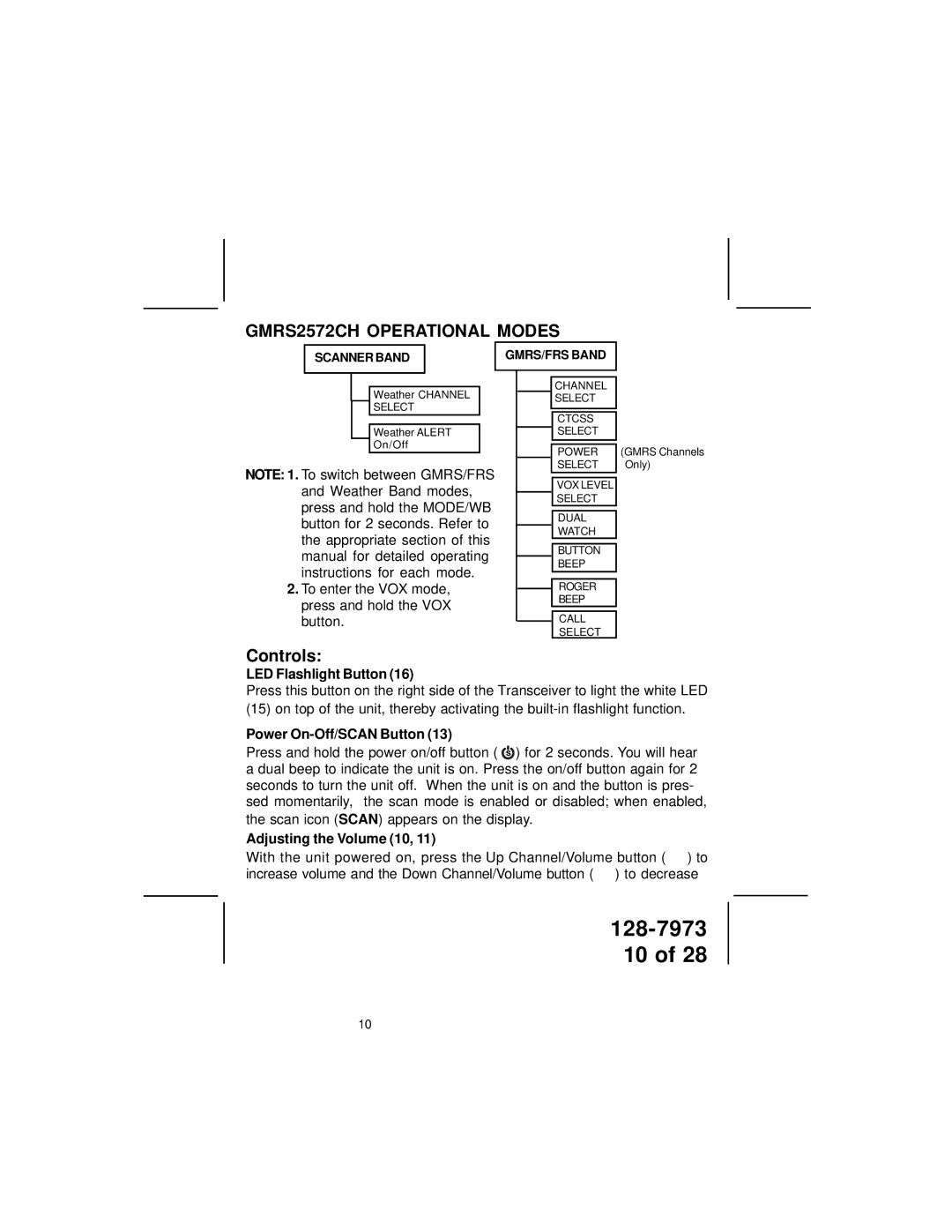 Audiovox GMRS2572CH owner manual LED Flashlight Button, Power On-Off/SCAN Button, Adjusting the Volume 10 