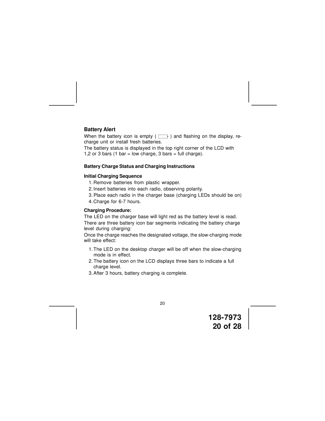 Audiovox GMRS2572CH owner manual Battery Alert, Charging Procedure 