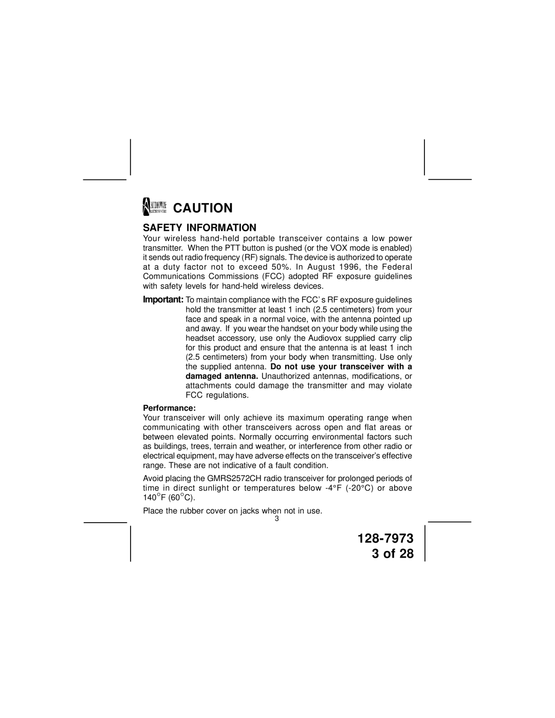 Audiovox GMRS2572CH owner manual Safety Information, Performance 