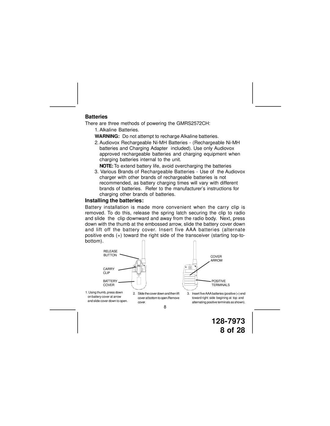 Audiovox GMRS2572CH owner manual Batteries, Installing the batteries 