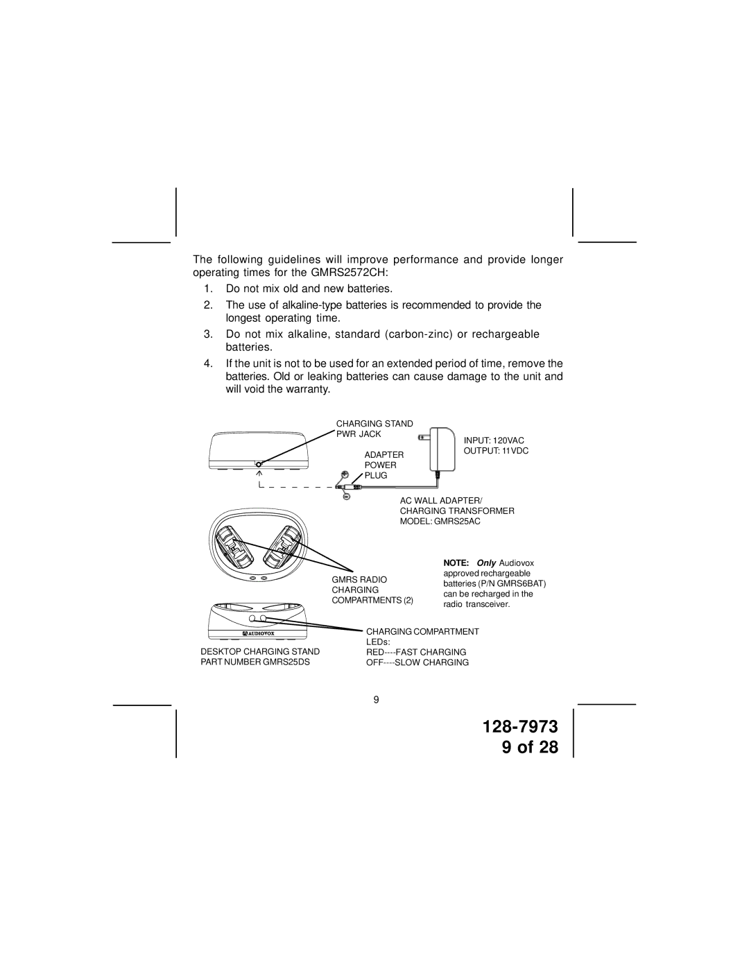 Audiovox GMRS2572CH owner manual Charging 