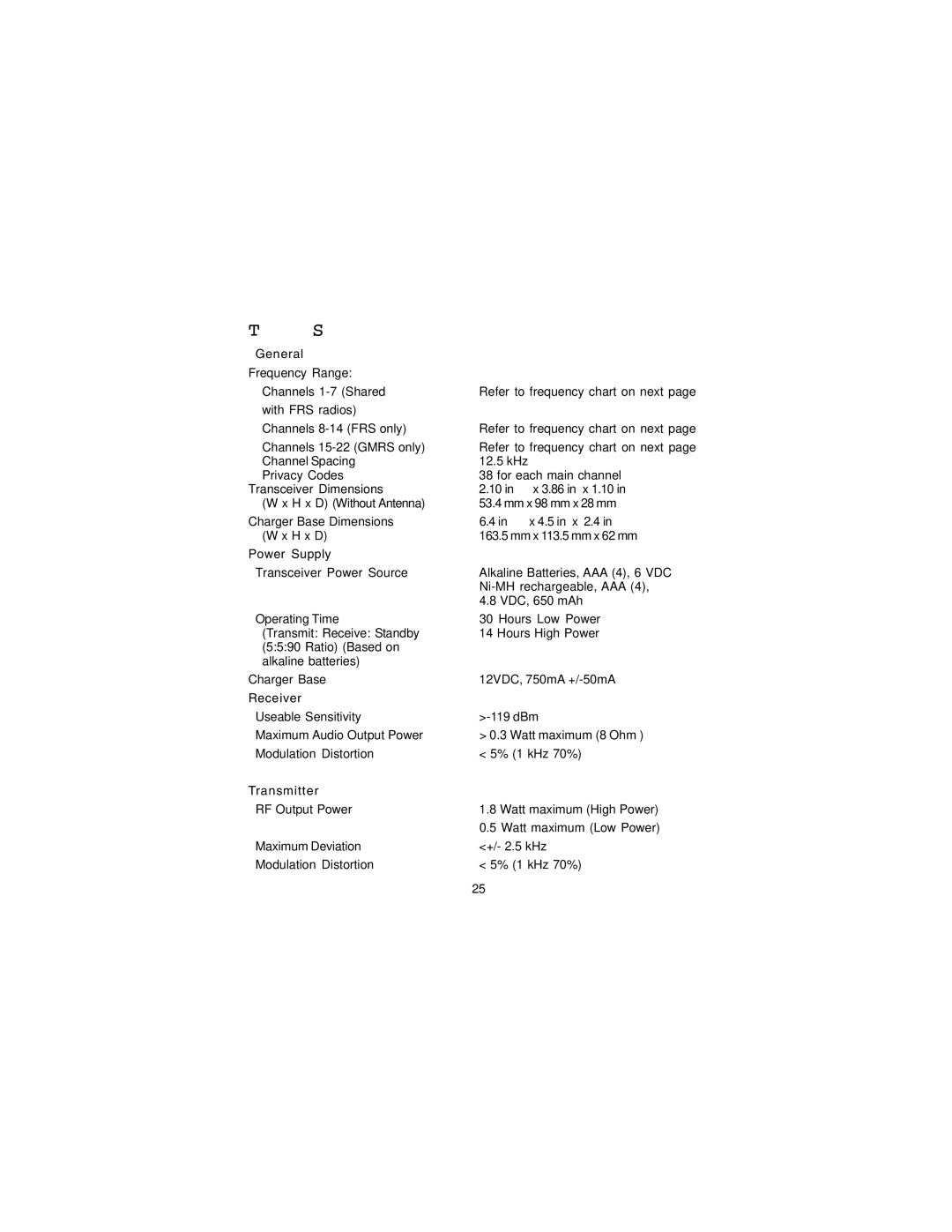 Audiovox GMRS2VMK manual Technical Specifications 