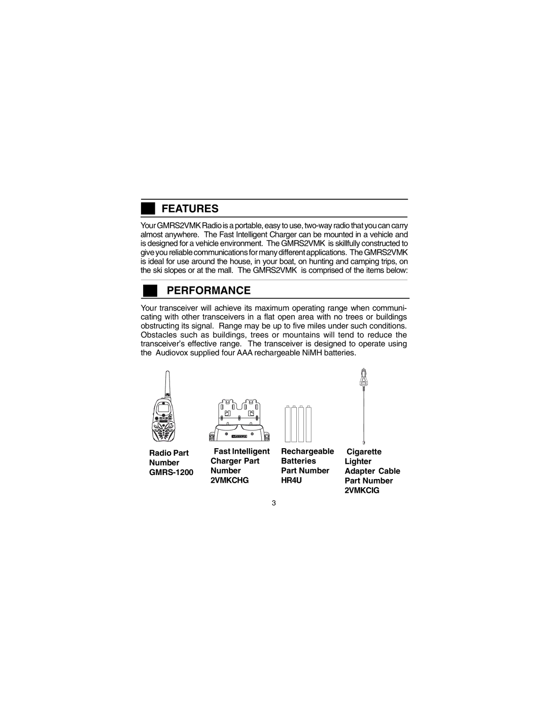 Audiovox GMRS2VMK manual Features 