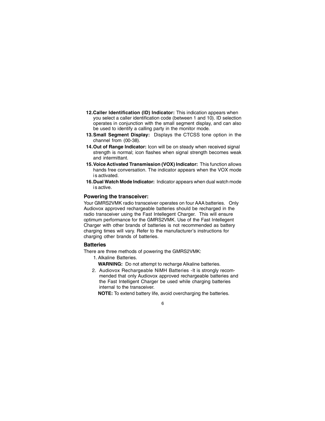 Audiovox GMRS2VMK manual Powering the transceiver, Batteries 