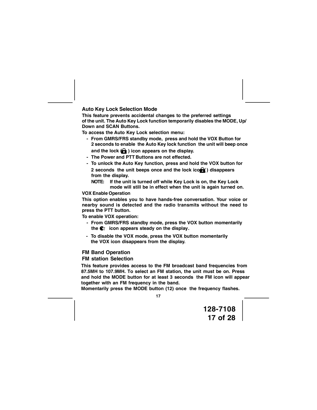 Audiovox GMRS500SLK owner manual Auto Key Lock Selection Mode, FM Band Operation FM station Selection, VOX Enable Operation 