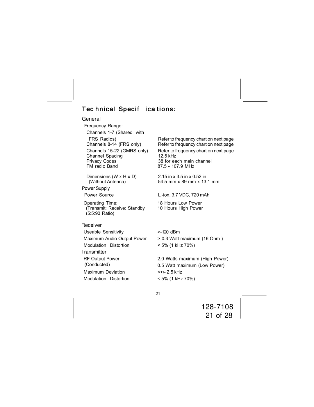 Audiovox GMRS500SLK owner manual Technical Specifications 