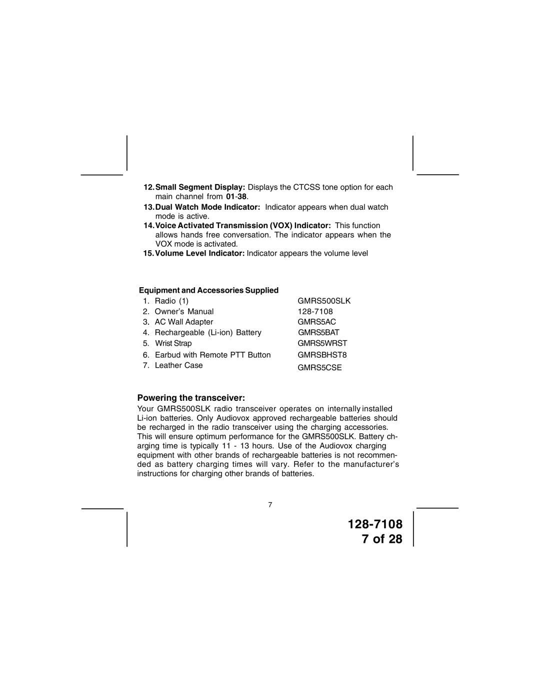 Audiovox GMRS500SLK owner manual Powering the transceiver, Equipment and Accessories Supplied 