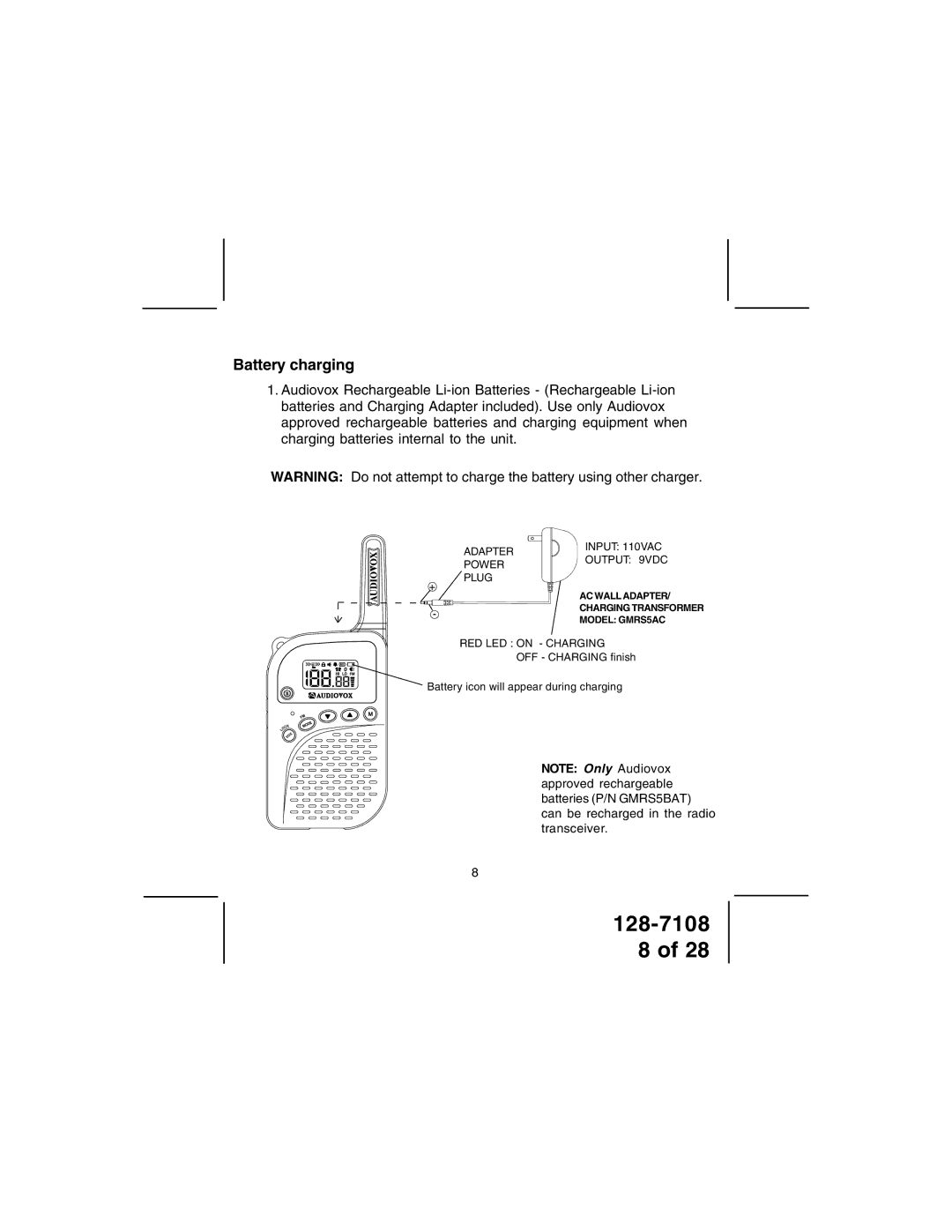 Audiovox GMRS500SLK owner manual Battery charging 