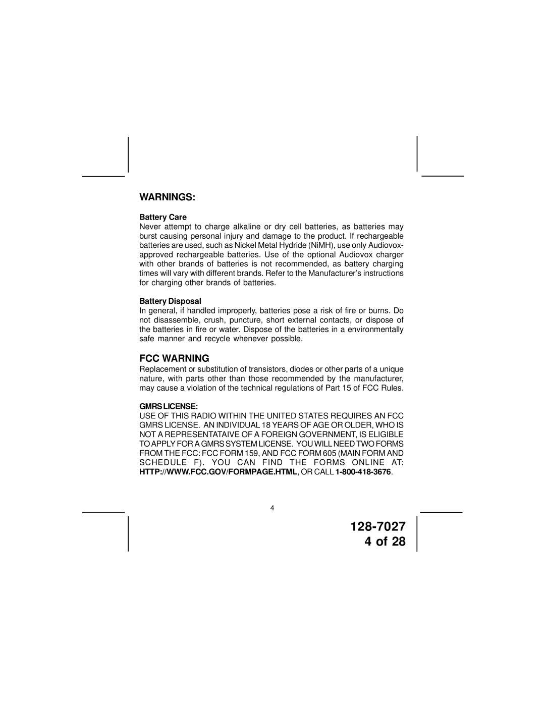 Audiovox GMRS6000-2 owner manual Battery Care, Battery Disposal 