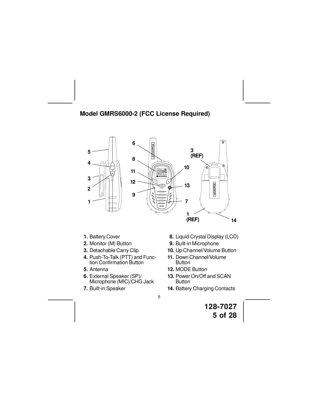 Audiovox owner manual Model GMRS6000-2 FCC License Required, REF14 